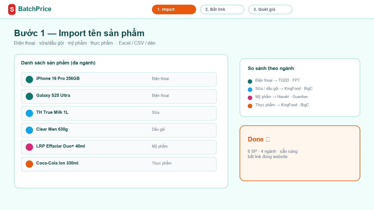 Demo 3 bước theo dõi giá đối thủ BatchPrice